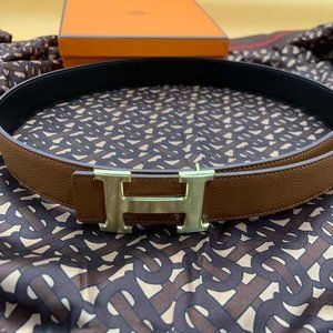 Hermes Gold Leather H Buckle Reversible Belt 95CM